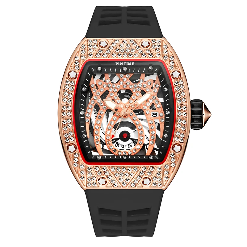 PINTIME Sport Watch for Men Silicone Strap Quartz Wristwatch Hip Hop Tonneau Case Waterproof 30m Spider Leopard Dial Reloj Gifts