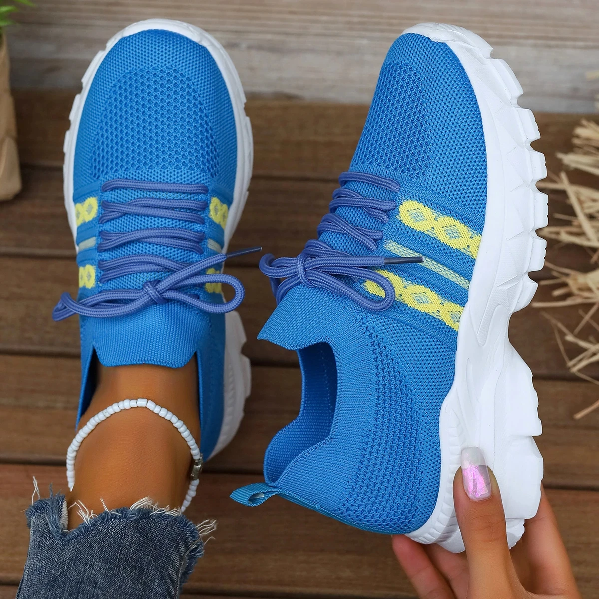 

Кроссовки женские сетчатые вязаные Нескользящие, Спортивная повседневная обувь для бега, на толстой подошве, со шнуровкой, разные цвета