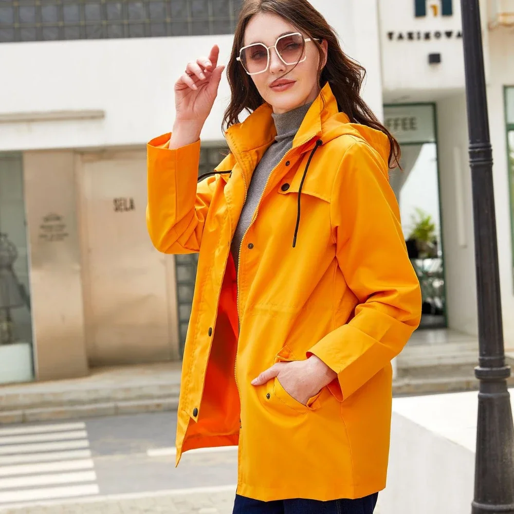 

Women Mid-length Hooded Trench Coat Spring Autumn Fashion Women's Tops Rainproof Coat Loose Long Sleeves High Quality Designer