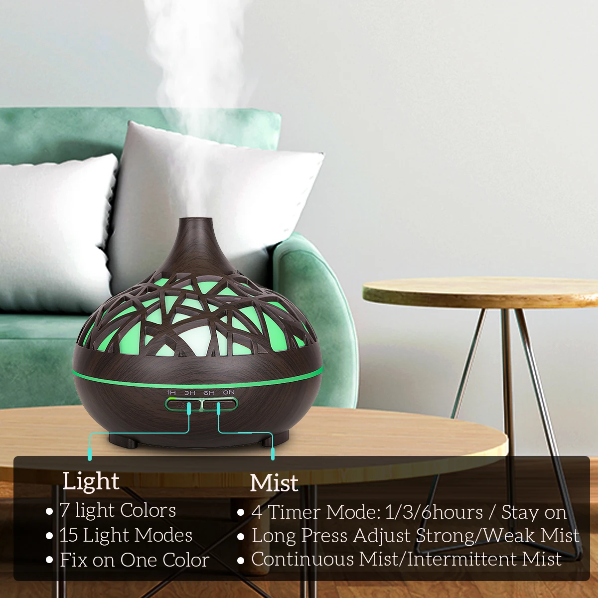 Humidifier Aromatherapy Essential Oil Diffuser Hollow Wood Grain Remote Control Ultrasonic Air Humidifier Cool with 7 Color LED 4