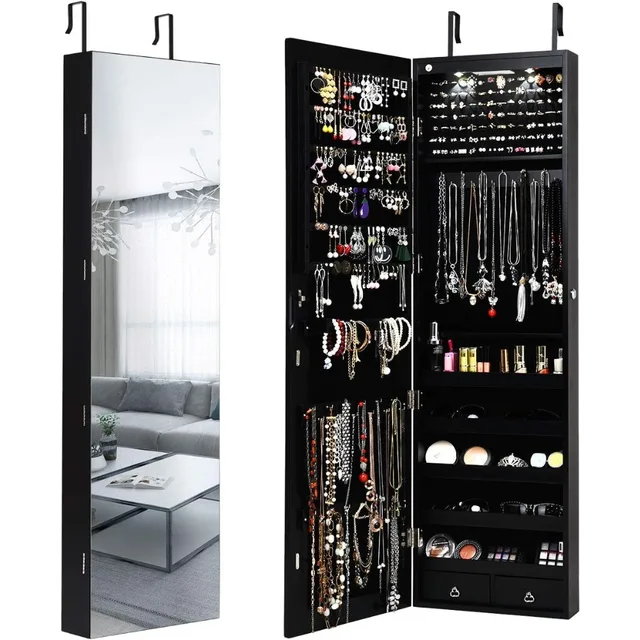Wall Door Mounted Jewelry Armoire Cabinet with 47.5" H Full Length Mirror, 2 LEDs Lockable Jewelry Organizer Box with Bracelet