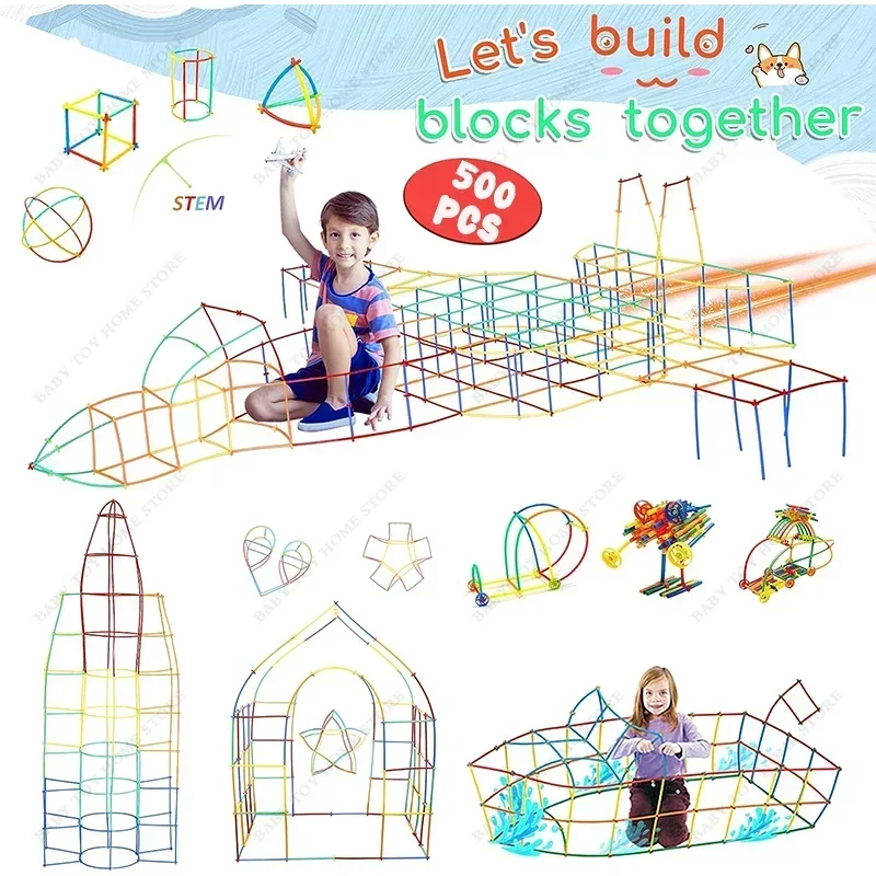 Straw Constructor Toys STEM Building 500PCS Plastic Engineering Thin Tube Blocks Educational Toy Kit for Kids Gifts