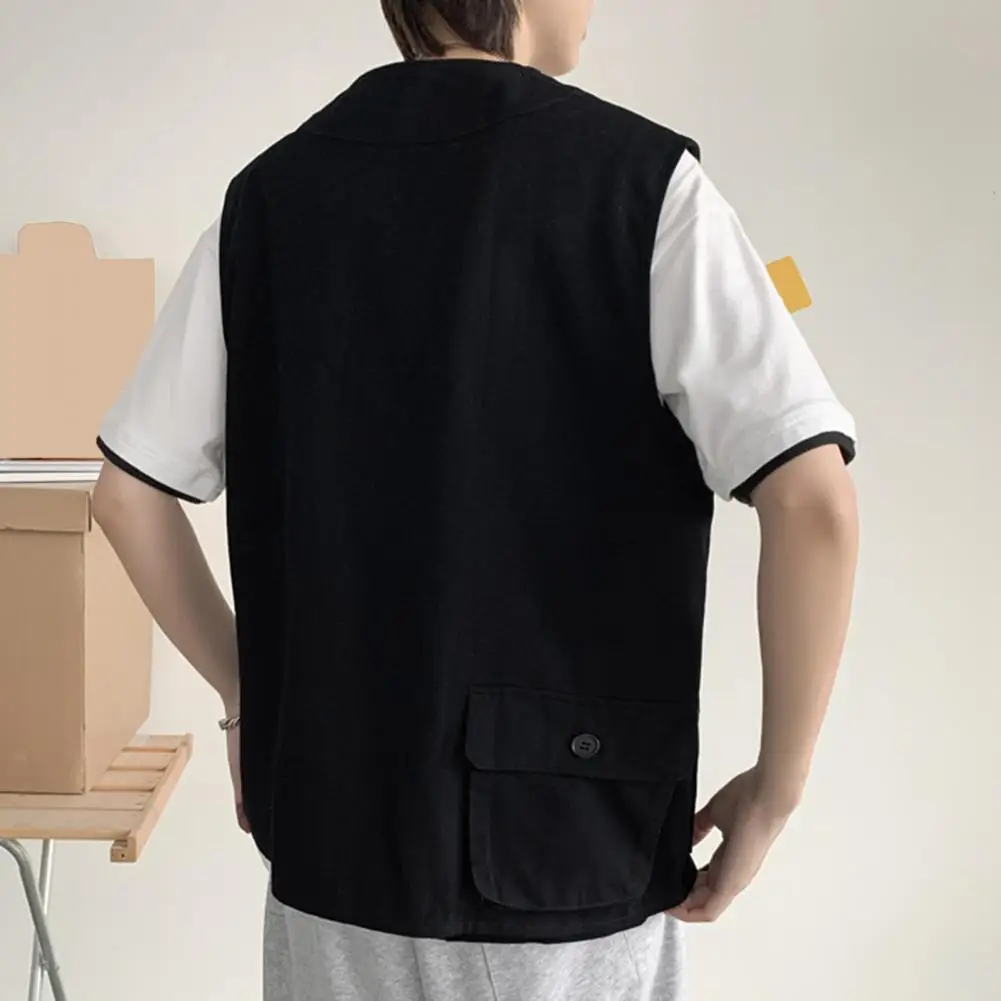 Description Picture 5 of itemOutdoor Cargo Waistcoat Men's Collarless Sleeveless Cargo Waistcoat with Multi Pockets Solid Color Outdoor Vest Coat for Casual