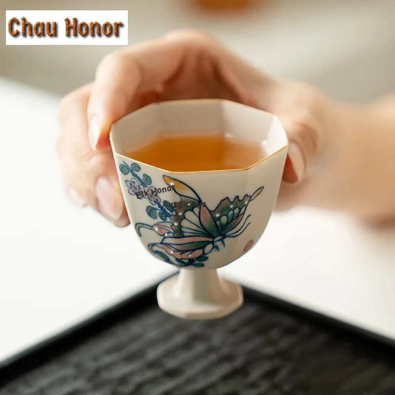 65ml Hand-painted Butterfly High-footed Teacup Boutique Tea Bowl Cup For Tea-tasting Fragrance Cup Chazhan Master Cups Tableware