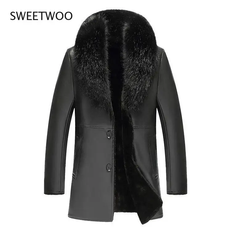 

Winter Faux Fur Collar PU Leather Mens Velvet Thick Warm Fluffy Coat Long Sleeve Casual Black Windbreaker Jacket Male
