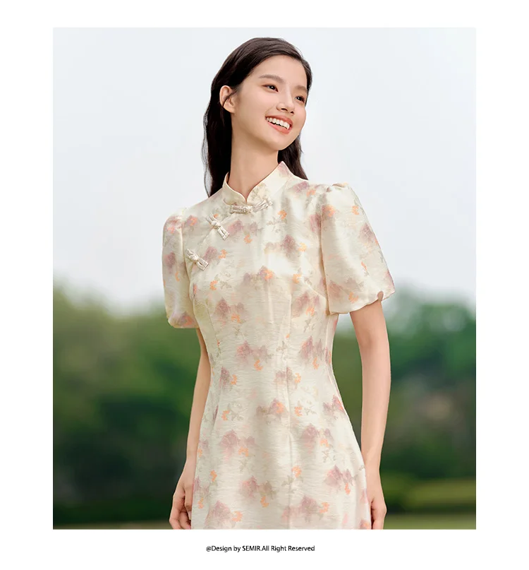 Vestido Cheongsam de verano con mangas abullonadas y estampado de pintura de tinta para mujer