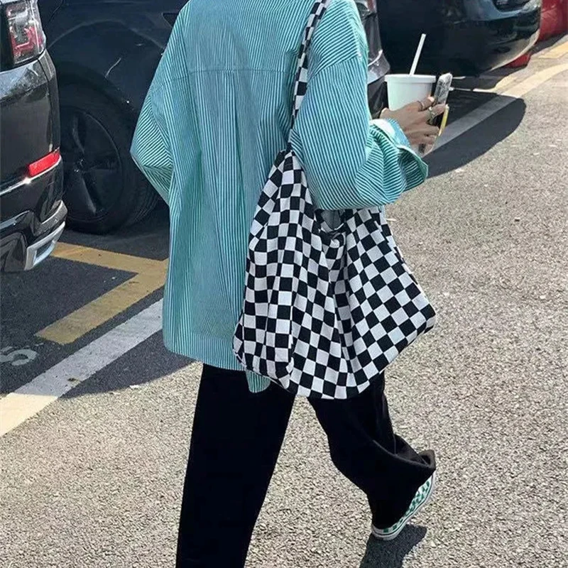 kpop gothic fashion Hip hop y2k shoulder bag women plaid graphic big capacity Aesthetic handbag Harajuku y2k casual shopping bag