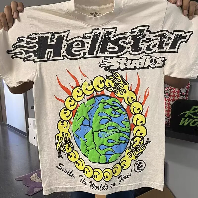 

Новинка 2023, хлопковая Футболка Hellstar с круглым вырезом и принтом, спортивный топ с коротким рукавом для мужчин и женщин 1:1