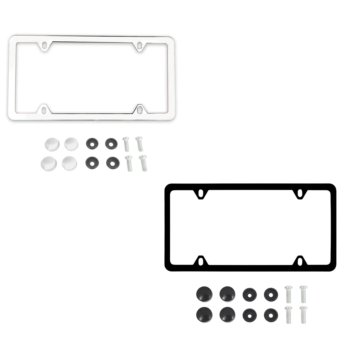 XCLPF 1 Pc 4 Holes Slim Stainless Steel License Plate Frame Chrome Screw Caps