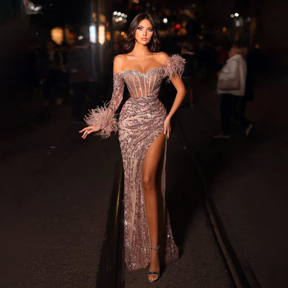 

Hot SaleRose Gold Off Shoulder One Sleeve Mermaid Feathers Evening Dresses High Split Party Gowns For Women LA72082