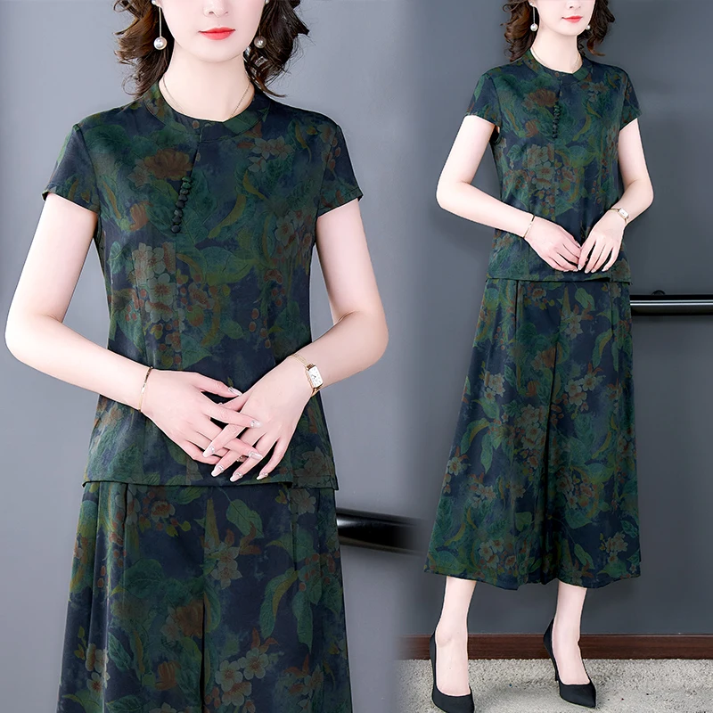 Summer Luxury Solid Silk Pants Loose Sets 2024 Short Sleeve Casual Two Pieces Sets Women Elegant Vintage Party Ladies Suits
