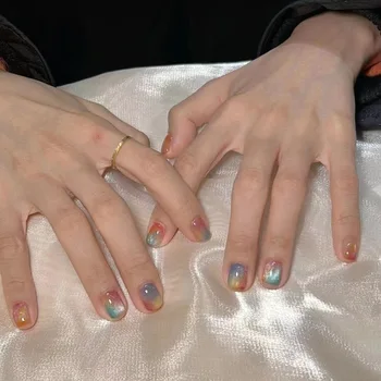 10PCS Colored Cat Eye Handmade False Nail Dopamine Shiny Cute Short Square Round Press on Nail Artificial Wearable Gel Nail Tips