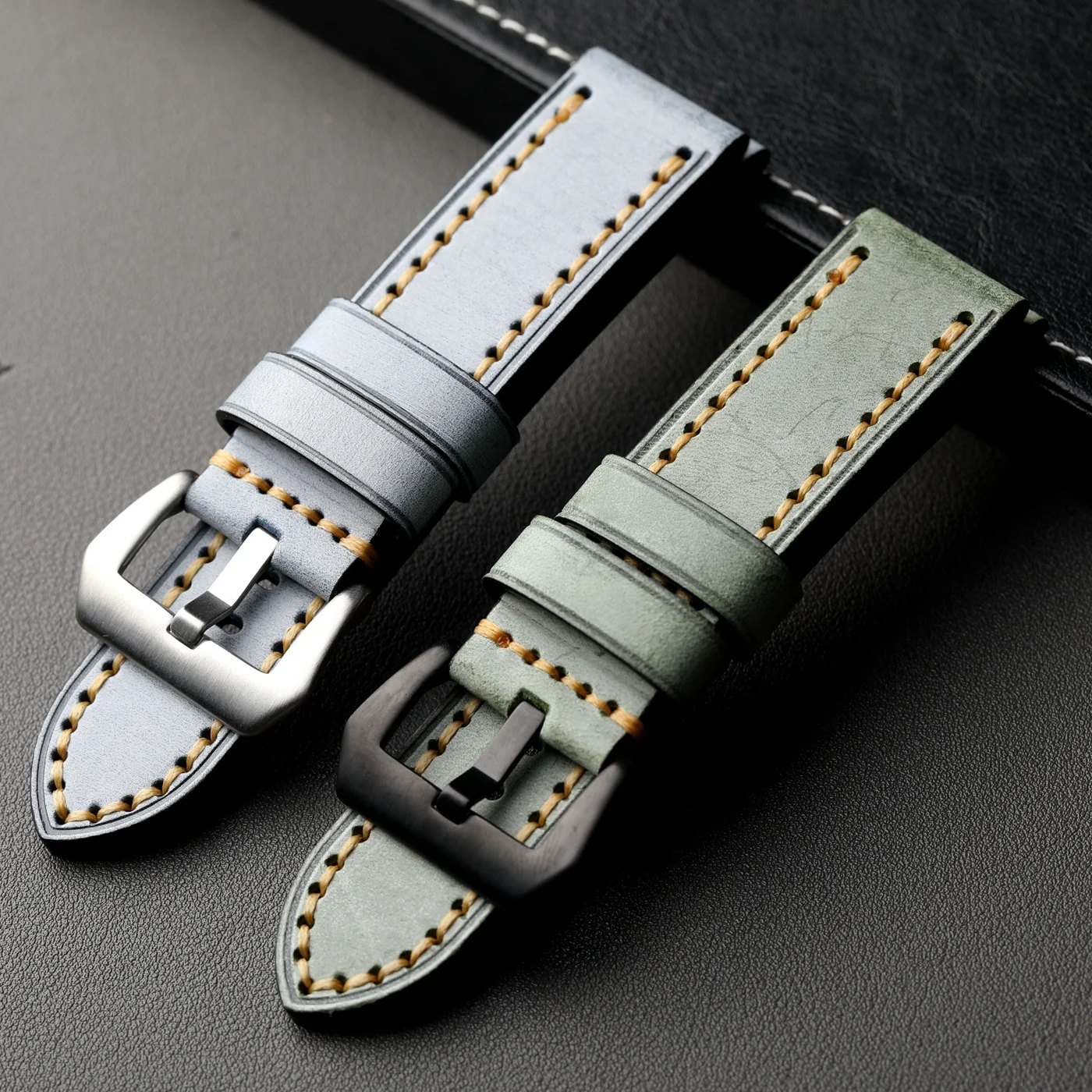 Luxurious Handmade Italian Cowhide Leather Strap in Green Grey