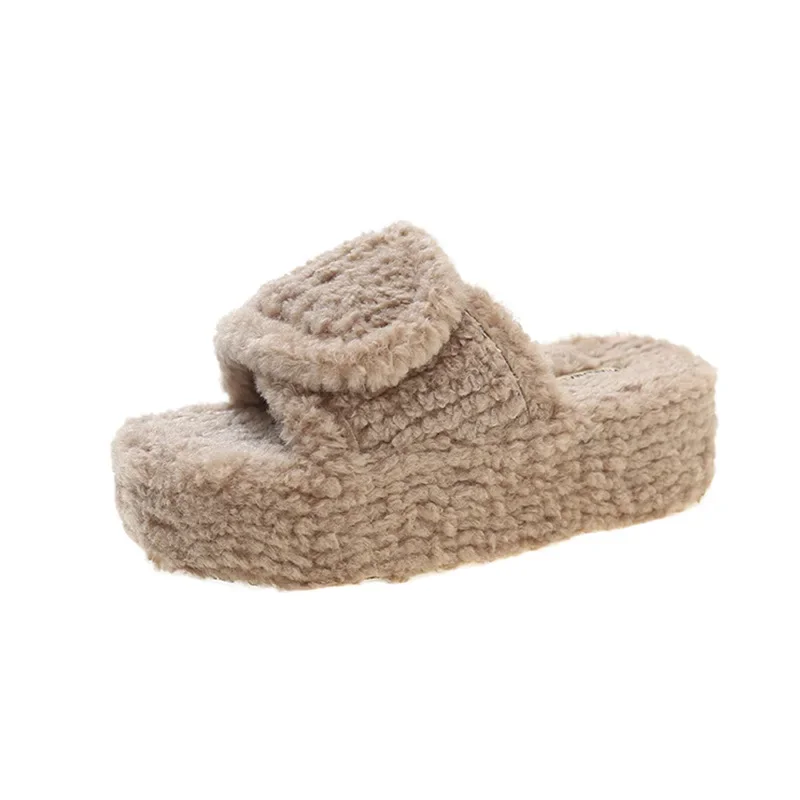 Women Thicken Plush Fur Slippers Winter Slip on Chunky Platform Loafers Mules Woman Thick Bottom Cotton Slippers Flip Flops