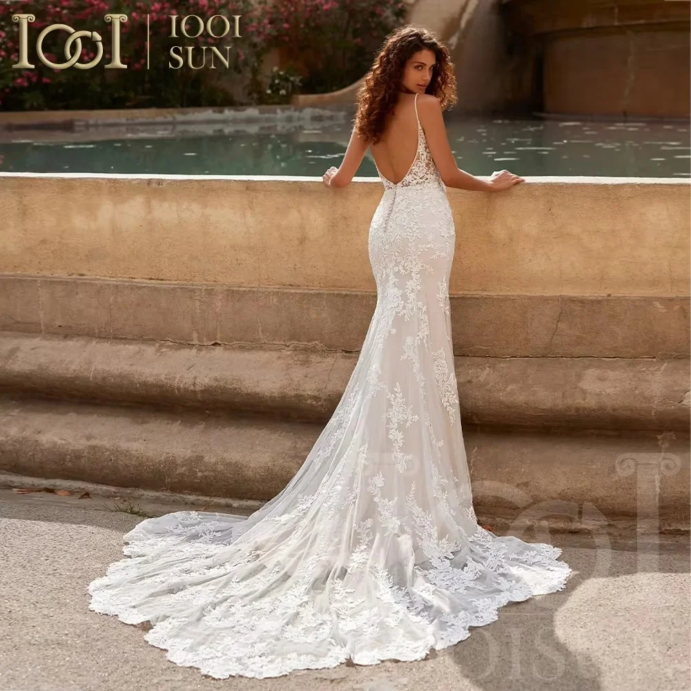 Lace Spaghetti Straps Wedding Dress Vintage Appliques Mermaid Bridal Dresses Party Gown