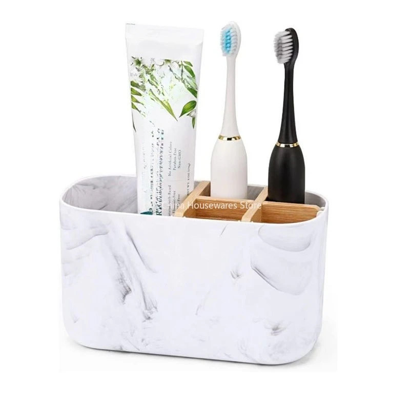 Eco-Friendly Bamboo Toothbrush Holder - 5 Slot Bathroom Organizer with Toothpaste Compartment