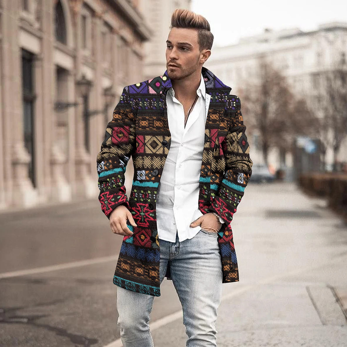 Mao Li Collar 3D Printing Mid Length Coat Pocket Casual Coat 2023 European and American Autumn and Winter New Men's Jacket