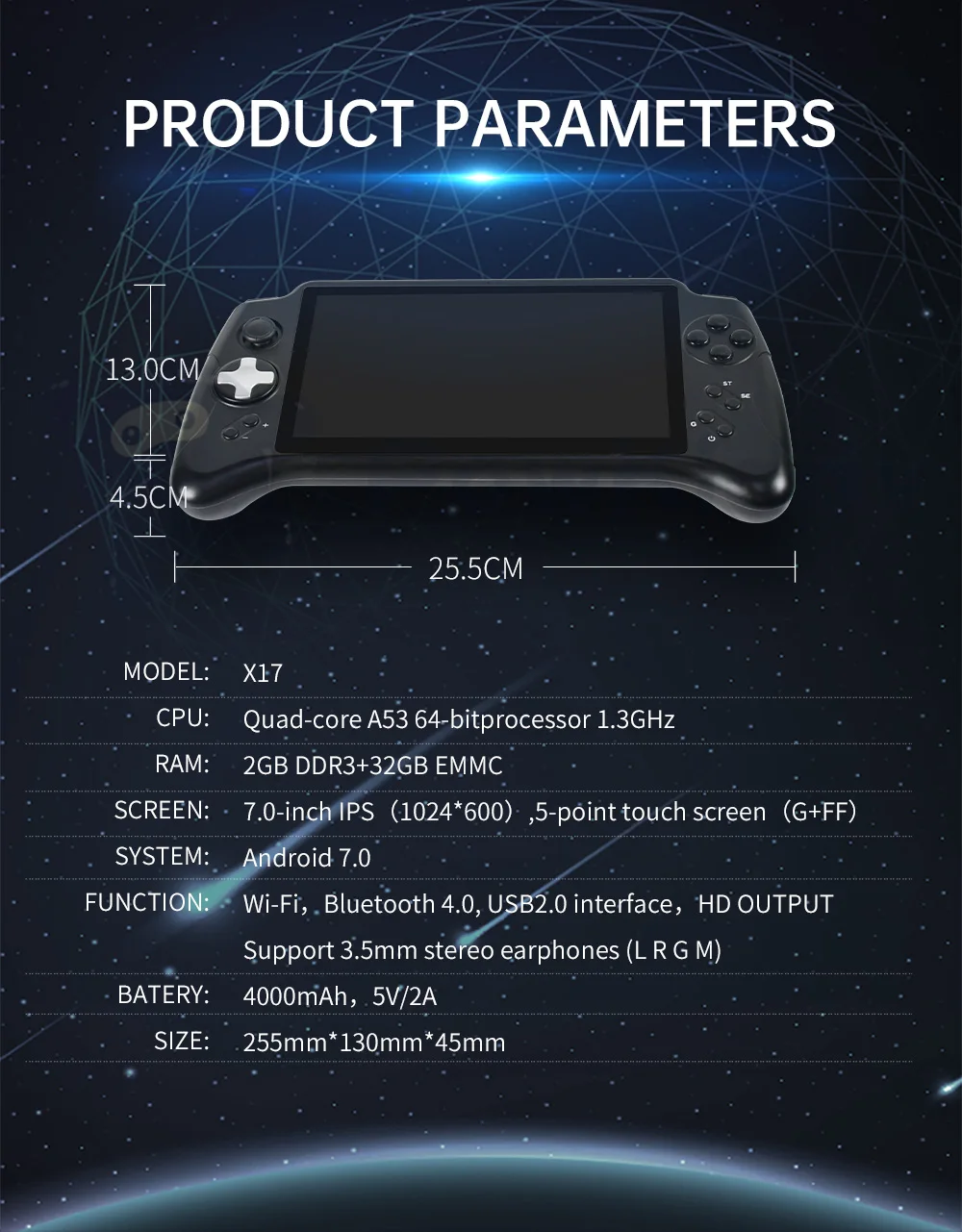 New X17 Android 7.0 Handheld Game Console 7-inch IPS Touch Screen MTK 8163 Quad Core 2G RAM 32G ROM Retro Game Players