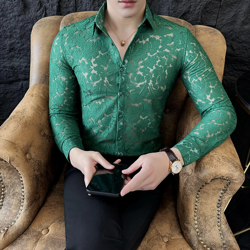 Chemise Homme Dentelle Florale Transparente - Manches Longues, Maille, Neuf Avec étiquette
