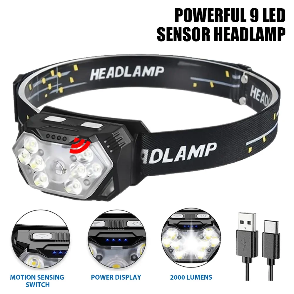 

Powerful LED Sensor Headlamp USB Rechageable Headlight Led Head Torch Camping Search Light with Built-in Battery Fishing Lantern
