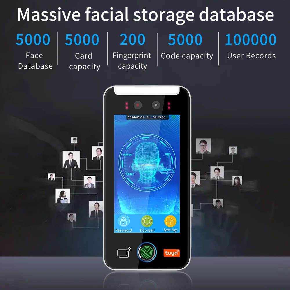 5000 User 5 Inch Touch Lcd 2MP Camera Biometric Face Recognition Wifi Access Control Employee Time Attendance Free Cloud API MQT face recognition access control