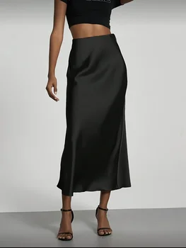 Jupe midi en satin pour femme, taille haute, coupe droite ajustée, drapé élégant, polyvalente et élégante pour le quotidien, les vacances et les soirées