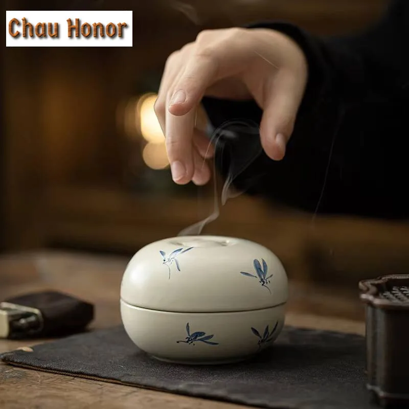 Japanese Grass Wood Grey Ceramic Plate Incense Holder Handmade Mist Smoking Steamers Smell Distributor Tableware Supplies Craft