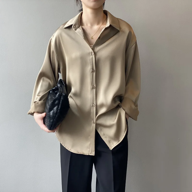 Button Up Satin Silk Shirt Vintage Blouse Spring Fashion Women Korean Tops Lady Long Sleeves Loose Street Shirts Blusas 11355