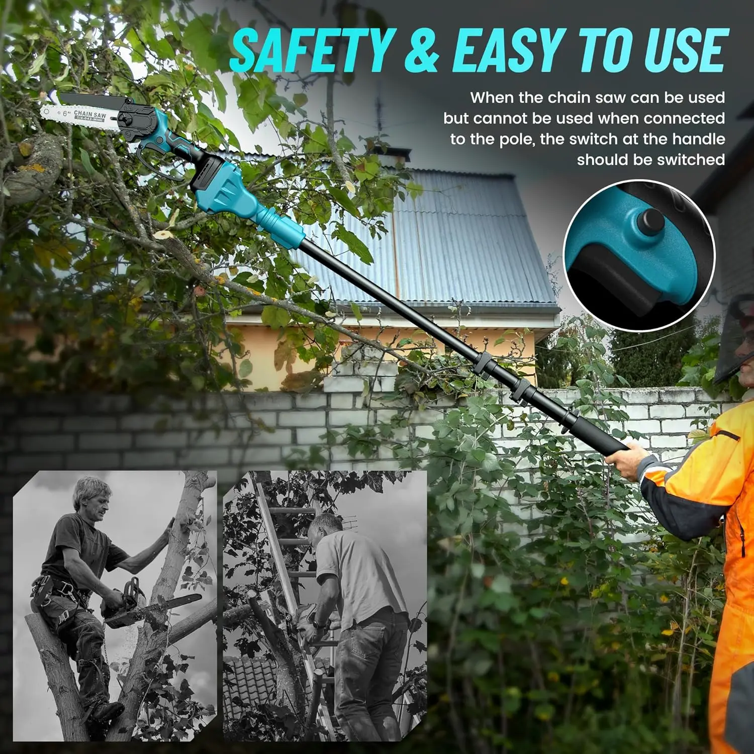 2-IN-1 Cordless Pole Saw & Mini Chainsaw 6-inch Brushless Chain Saw with 2x 2.0Ah Battery 15.5-Foot MAX Reach Pole