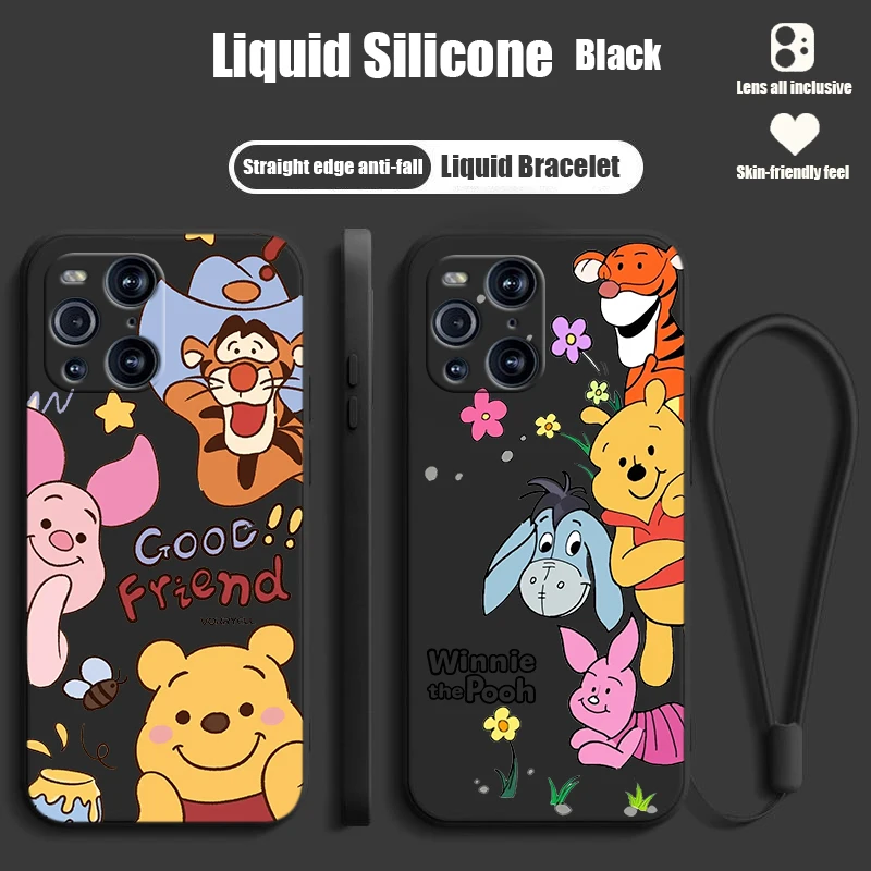 

Pooh Bear Cute For OPPO Find X6 X5 X3 X2 Pro Lite Neo Liquid Rope Silicone TPU Fundas Cover Phone Case