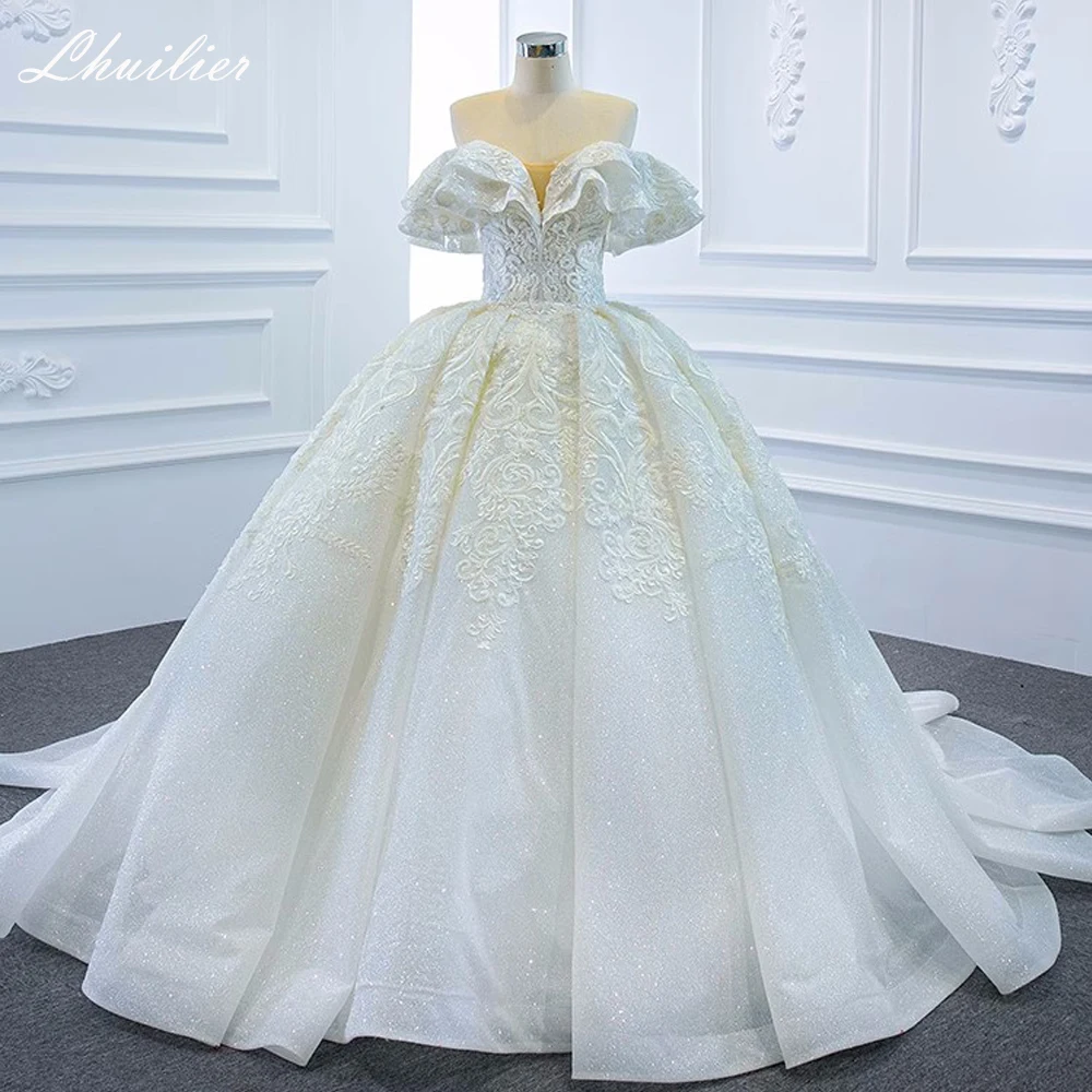 

Lhuilier Real Photos Ball Gown Wedding Dresses 2023 Off the Shoulder Beaded Lace Appliques Bridal Gown with Chapel Train