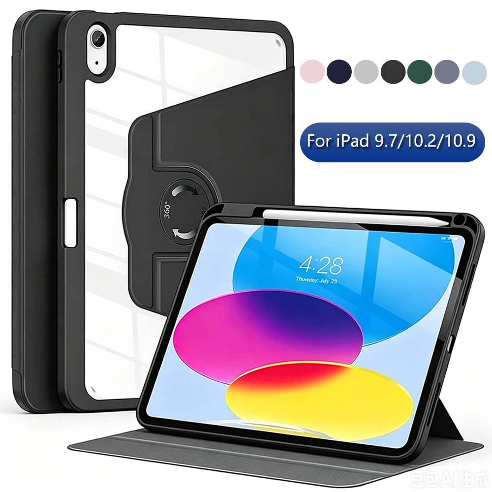 Premium 360° Rotating Clear Acrylic Tablet Case with Pencil Holder & Auto Sleep/Wake Shock-Resistant Feature