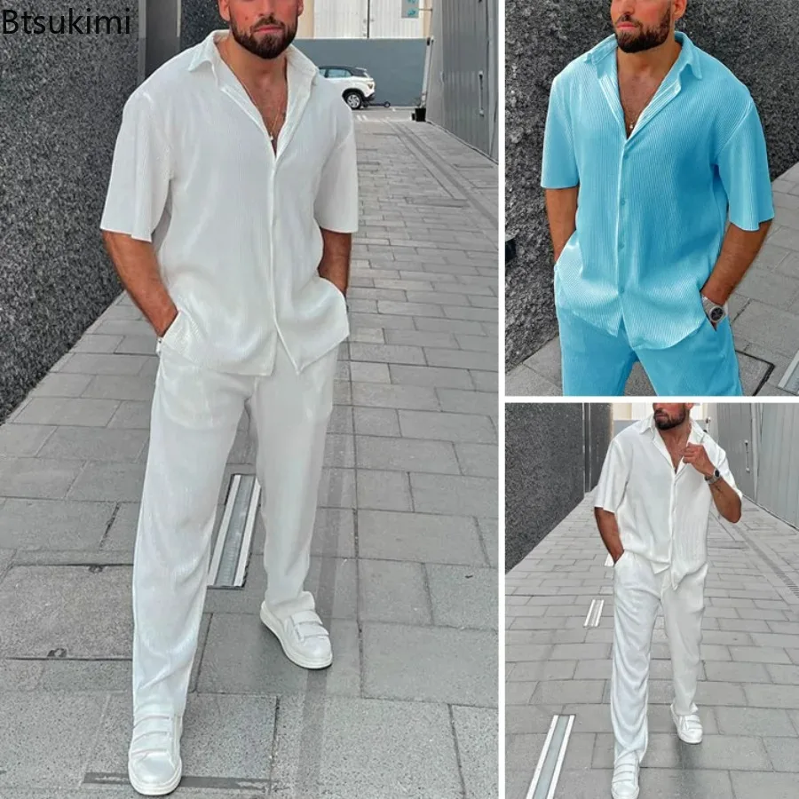 2024 Men's Two-piece Pants Sets White Blue Lapel Button Short Sleeve Shirt + Long Pants Sets Casual Soft Beach Outfits Men Sets new 2024 men s casual loose hooded pullovers sweater tops knitted print long sleeve jumpers autumn winter dailywear warm sweater