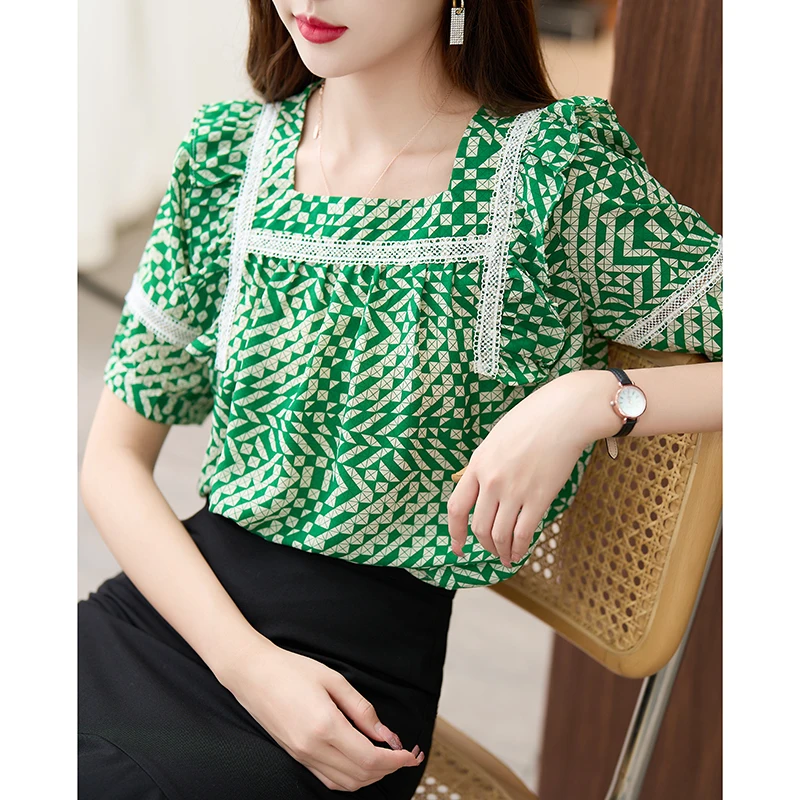 Sweet Lace Patchwork Puff Sleeve Square Collar Female T-shirt Green Summer Loose Lady Chiffon Shirts Fashion Plaid Blouses Tees t shirts tees halloween leaky cauldron bleached t shirt tee dark grey in gray size 2xl 3xl m s xl