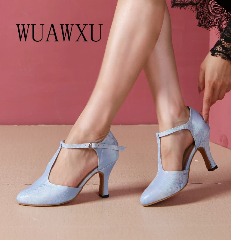 NATASHA Latin Dance Women's T Lace Brown 8cm Medium High Heel Tango Rumba Dance Shoes Salsa Sandals Samba Shoes