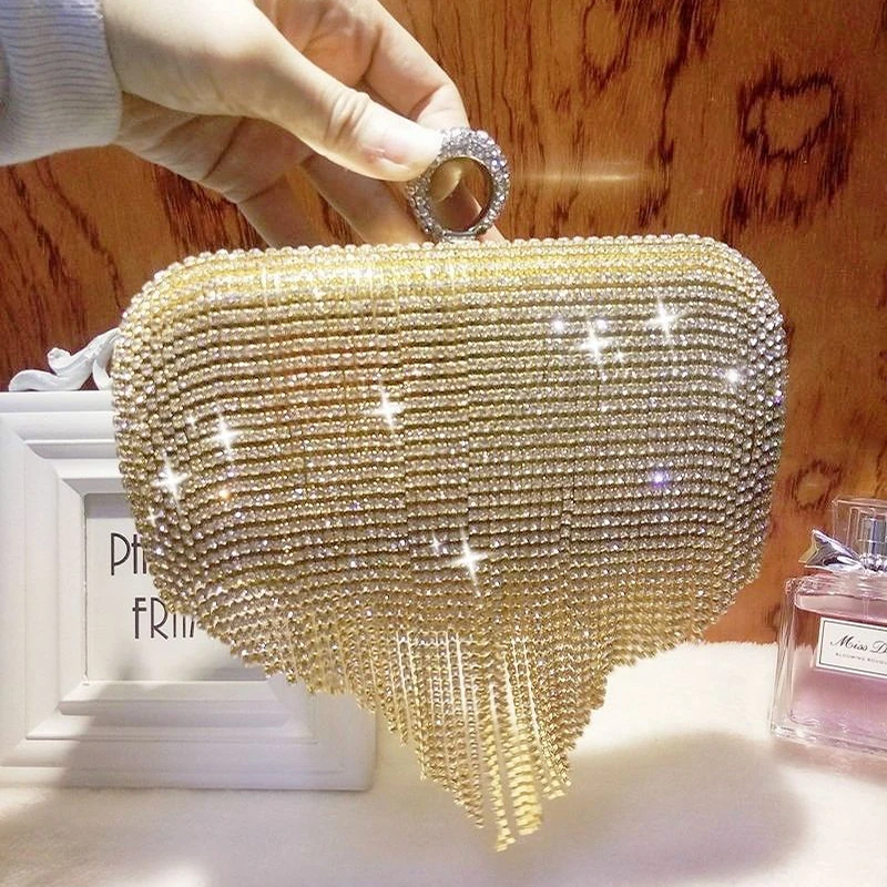 Rhinestone Tassels Ring Clutch Evening Handbag Designer Bling Diamond Wedding Party Purse for Women Chain Shoulder Messenger Bag