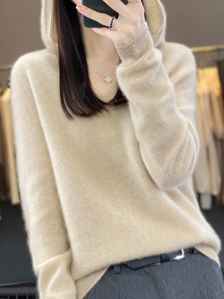 Hooded Cashmere Sweater for Women, 100% Merino Wool, Hooded Pullover, V-Neck Top, Women's Clothing Base, Winter and Autumn