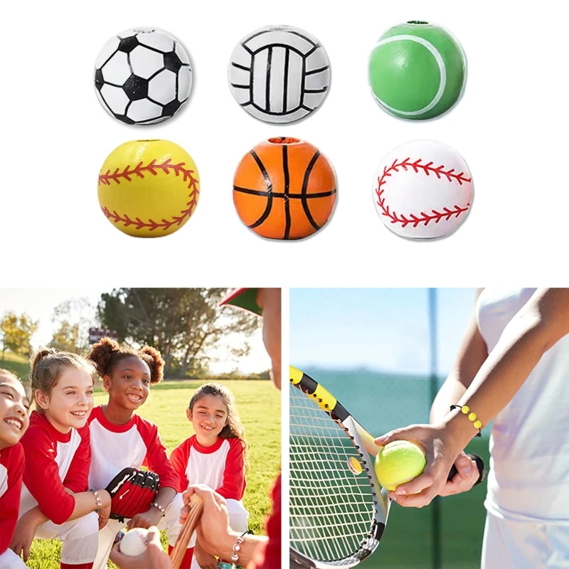 517F 20Pcs/set Loose Bead DIY Necklace Bracelet Making Wooden Bead Soccer Ball Football Basketball Baseball Spacer Bead