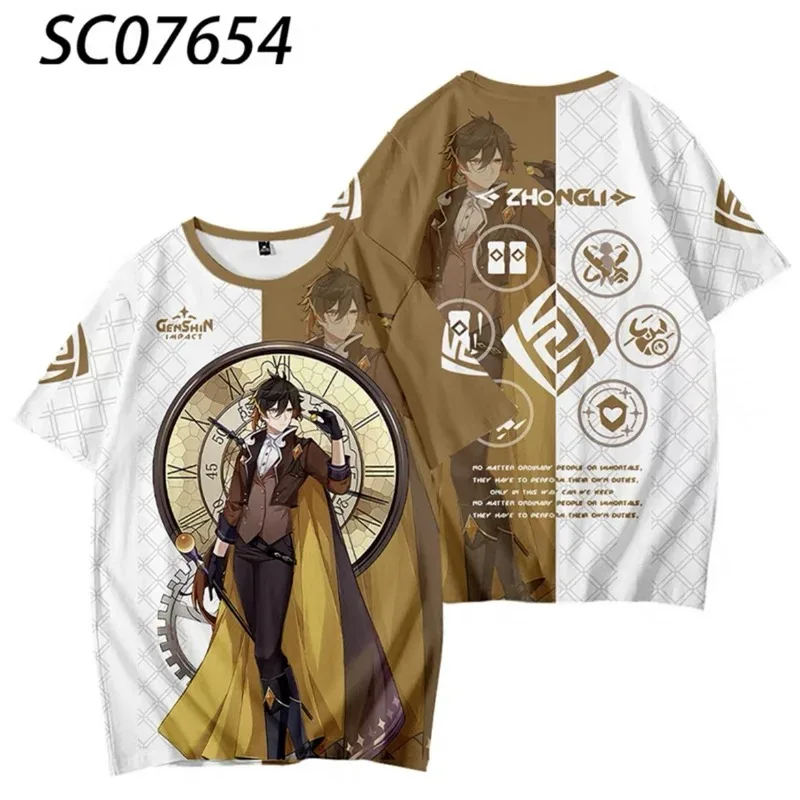 Genshin impact zhong li 3d printing T-shirt summer fashion round neck short sleeve kimono popular game streetwear 2024