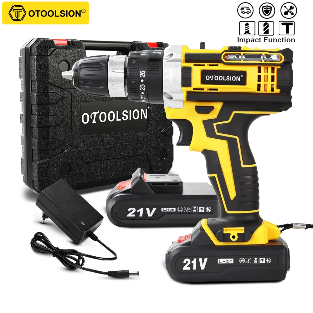 OTOOLSION 새로운 21v 충격 전기 드릴 가변 속도 충격 전기 스크루 드라이버 1500MAh 무선 드릴 리튬 배터리