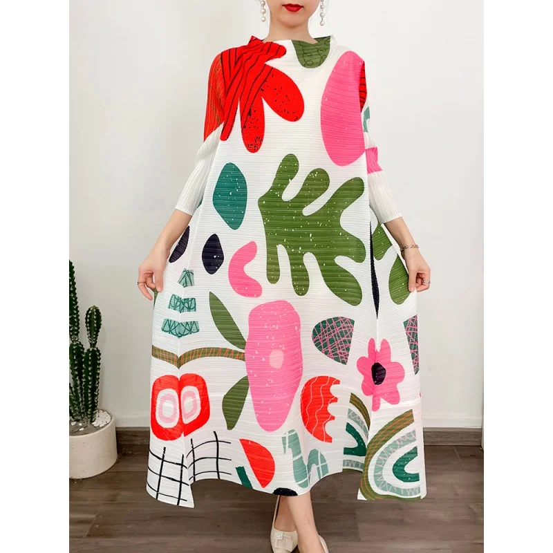 

Pleated Loose Dress For Women 2023 Spring New Print Color Block O-neck Three Quarter Sleeve Female Fashion Dresses 254457