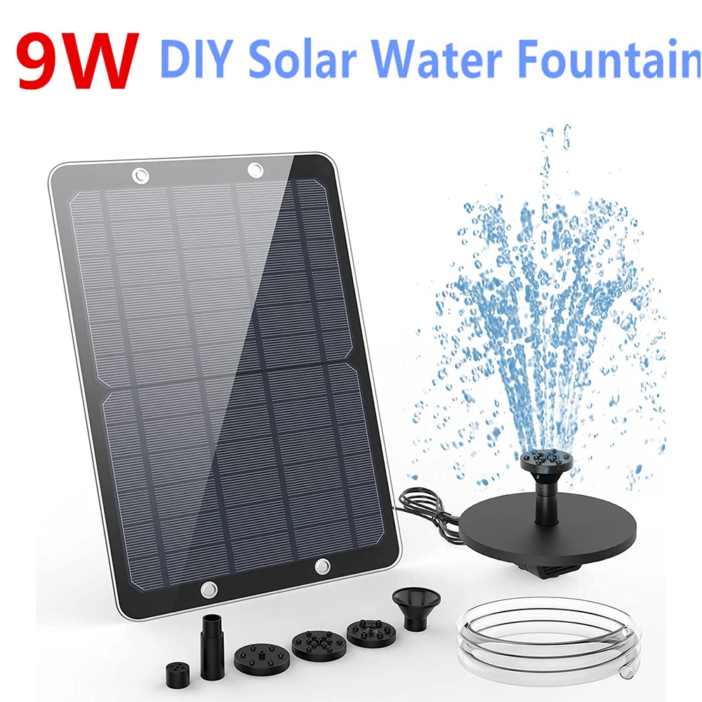 DIY 9W Solar Water Fountain for Garden Decorate with Nozzles Water Pipe for Bird Bath Solar Powered Outdoor Fountain for Ponds