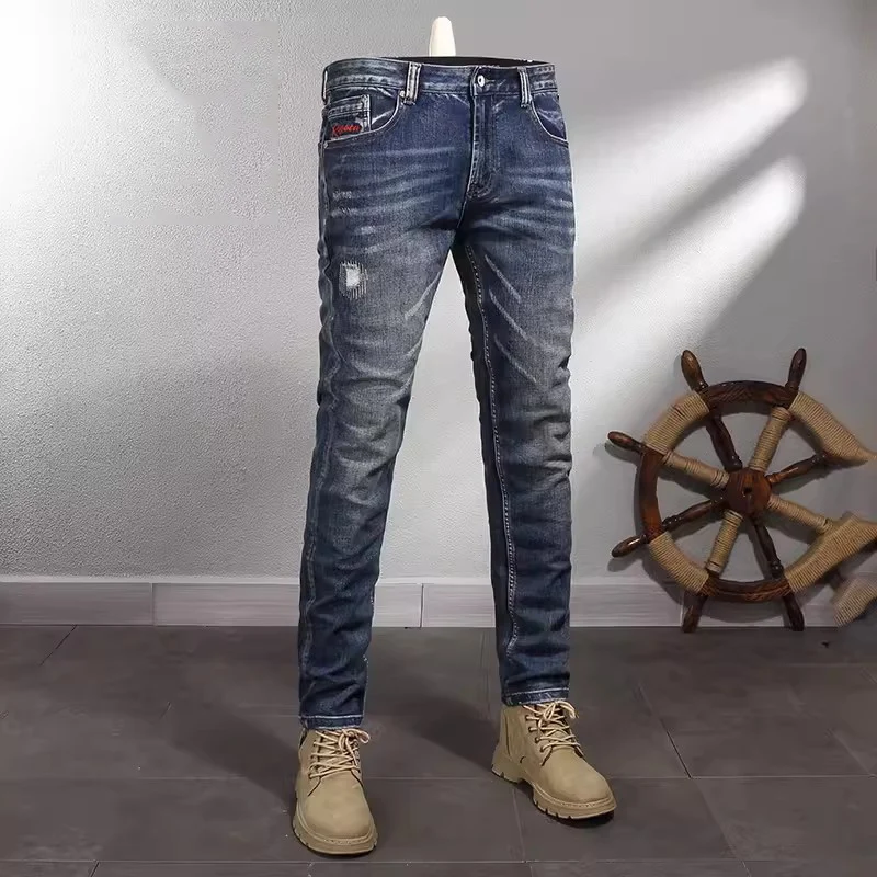 Newly Designer Fashion Men Jeans High Quality Retro Washed Blue Elastic Slim Fit Ripped Jeans Men Patched Vintage Denim Pants