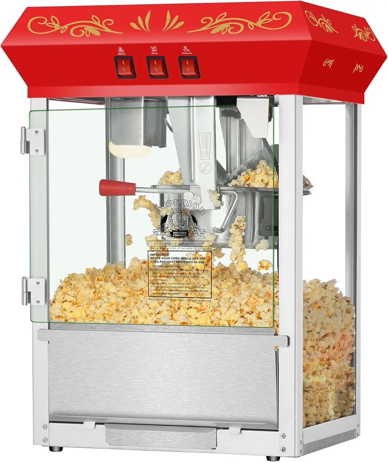 Popcorn Machine - 3-Gallon Antique Popper with Cart, 8oz Kettle, Old Maids Drawer, Warming Tray, and Scoop by Great 2