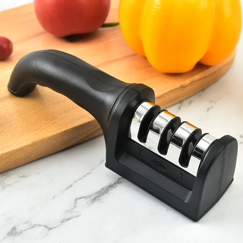 

Novel Kitchen Accessories 3-Segment Knife Sharpener Household Multi-Functional Hand-Held Three-Purpose Black Sharpening Stone