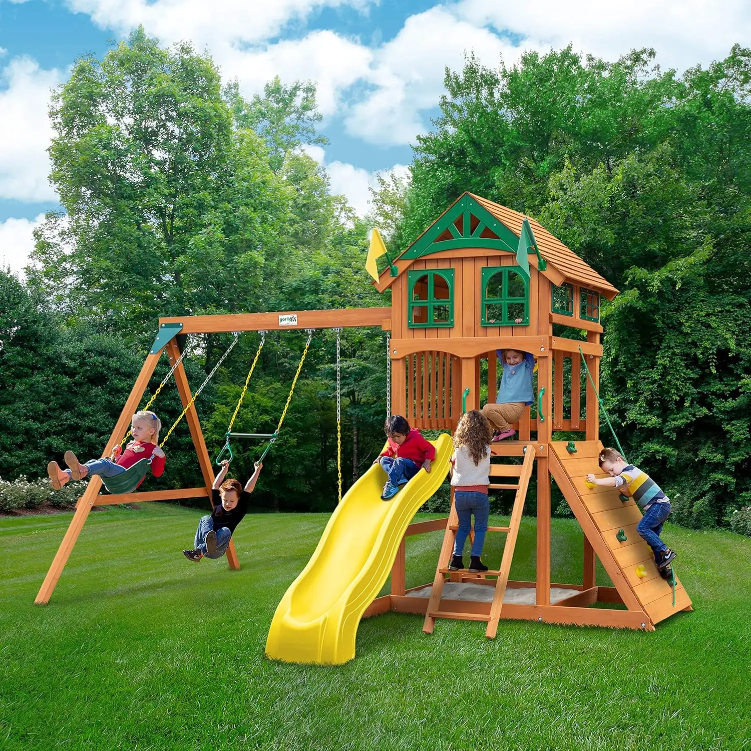 Gorilla 01-1063-Y Outing Wood Swing Set with Wood Roof & Yellow Slide, Amber
