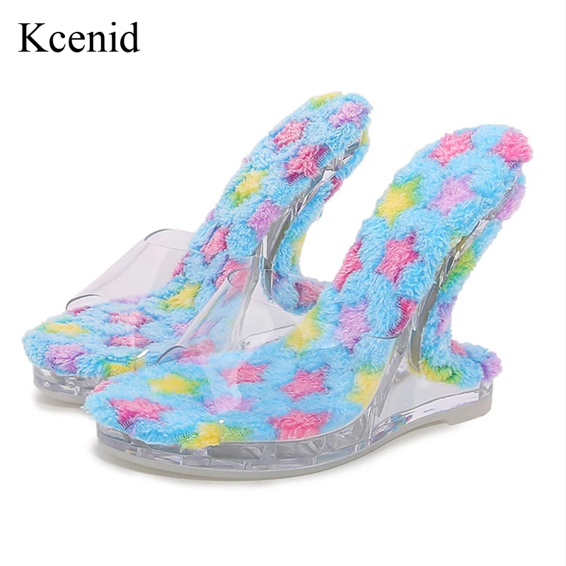 Kcenid New Transparent Slippers For Women Fluffy Insole Women's Sandals Fashion Open Toe Strange Wedge Heels Platform Shoes 2024