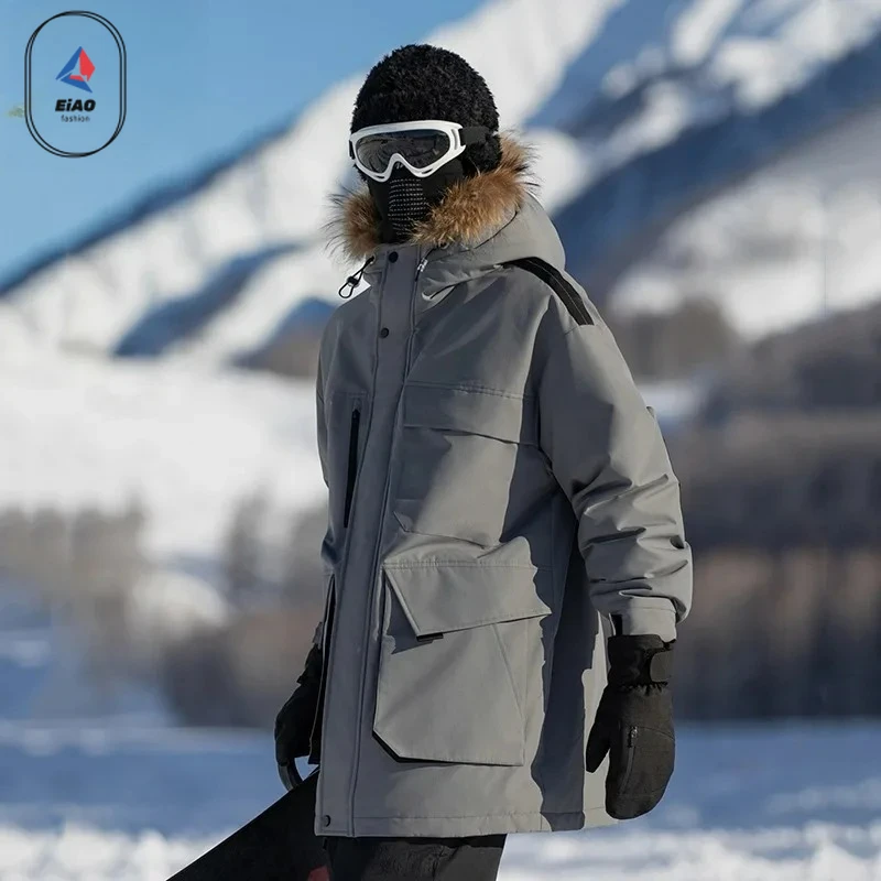 Eiao Hunting Ski White Duck Down Coats Men Fashion Winter 2026 Hard Shell Windproof Big Wool Collar Warm Down Jacket Long Parka