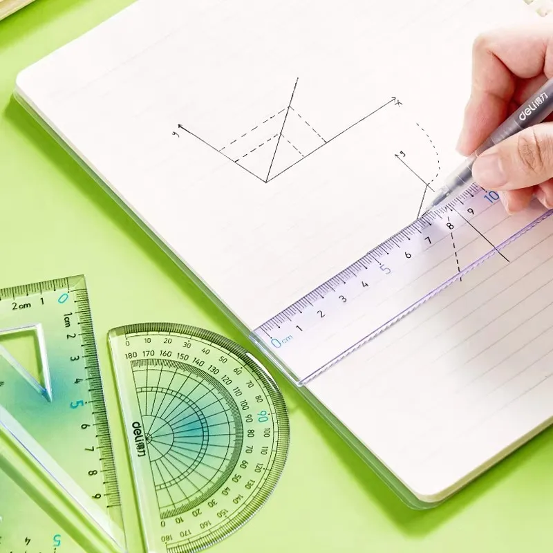 델리 귀여운 그라데이션 자 세트 4 in 1 다기능 조합 자 삼각자 각도기 어린이 학생용 드로잉 문구