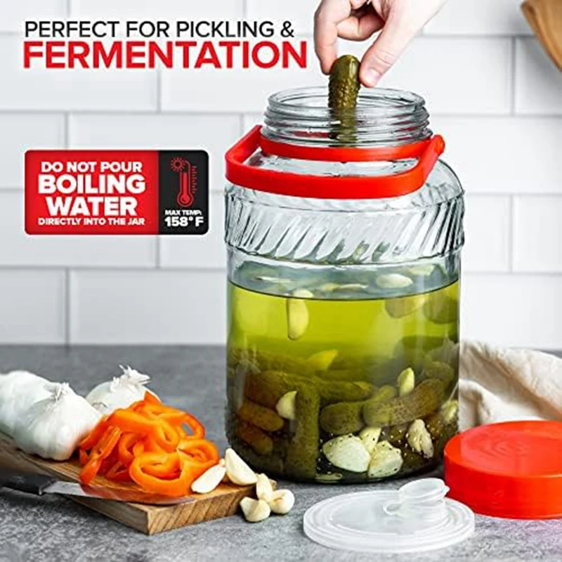 

Стеклянная банка 1 галлон с крышкой (2 упаковки), 128 унций, большие каменные банки с широким горлышком для чая от солнца, большие прозрачные + красные кувшины Kombucha